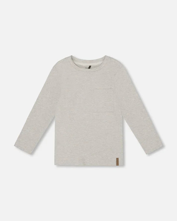Deux Par Deux Long Sleeve Organic Cotton T-Shirt with Pocket - Oatmeal Heather Beige