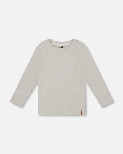 Deux Par Deux Long Sleeve Organic Cotton T-Shirt with Pocket - Oatmeal Heather Beige