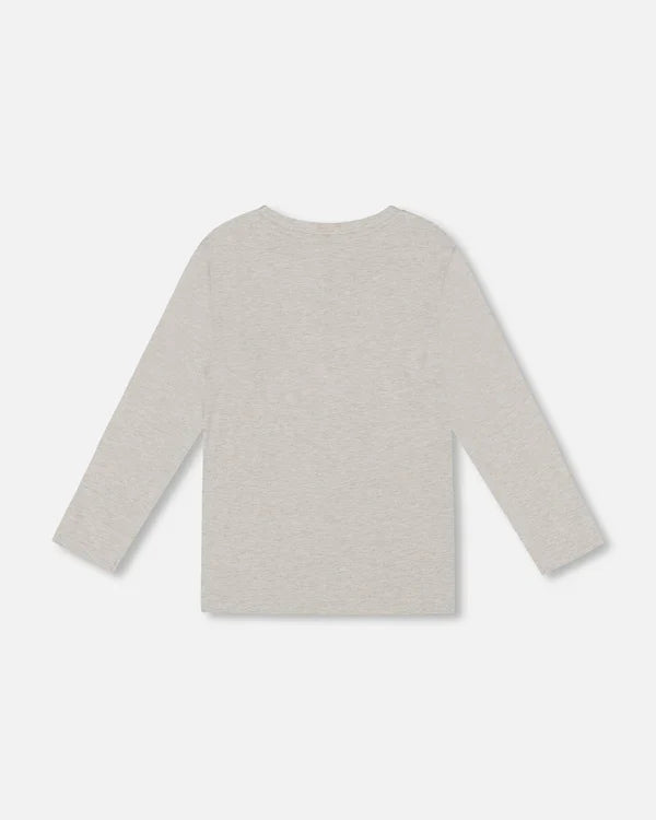 Deux Par Deux Long Sleeve Organic Cotton T-Shirt with Pocket - Oatmeal Heather Beige