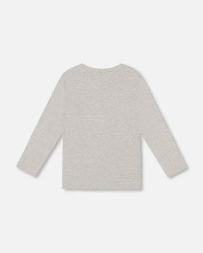 Deux Par Deux Long Sleeve Organic Cotton T-Shirt with Pocket - Oatmeal Heather Beige