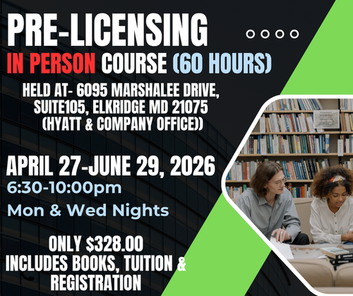 M. Stanovich MAKEUP TIME-  Real Estate Pre Licensing Course- IN PERSON ELKRIDGE April 27th-June 29th, 2026