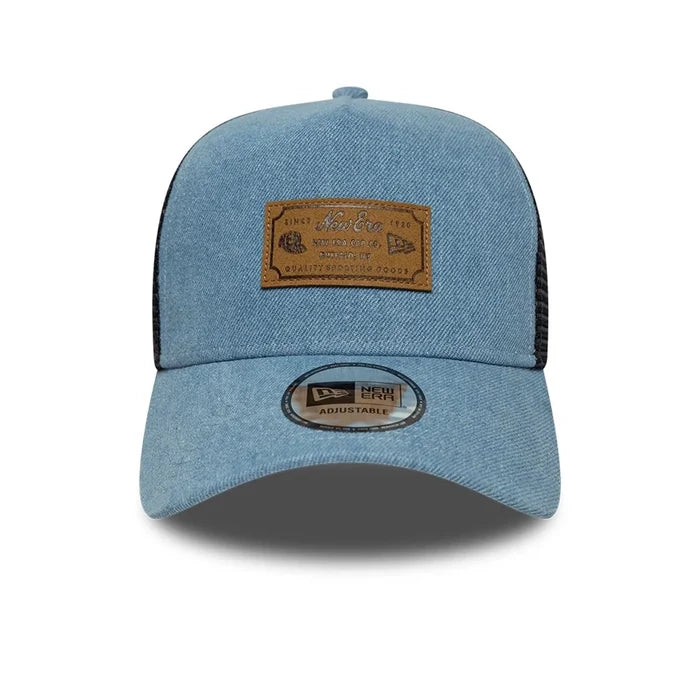 NEW ERA New Era Leather Patch Denim Navy 9FORTY A-Frame Trucker Adjustable Cap