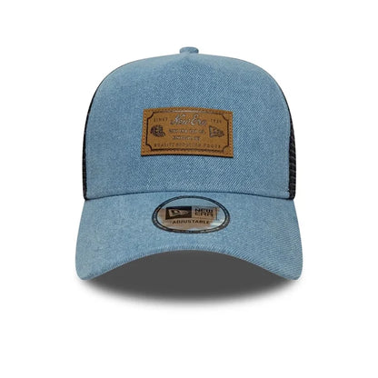 NEW ERA New Era Leather Patch Denim Navy 9FORTY A-Frame Trucker Adjustable Cap