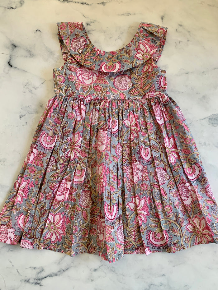 Pink and grey Indian Cotton Ruffle neck dress - Love Sam