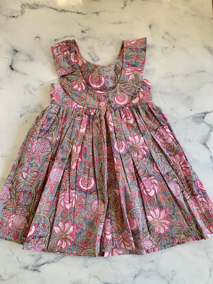 Pink and grey Indian Cotton Ruffle neck dress - Love Sam