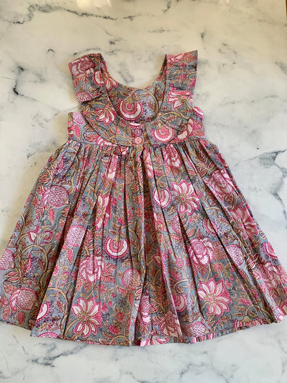 Pink and grey Indian Cotton Ruffle neck dress - Love Sam
