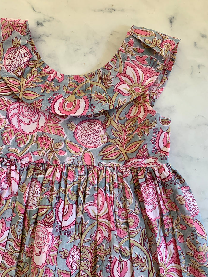 Pink and grey Indian Cotton Ruffle neck dress - Love Sam
