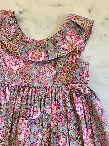 Pink and grey Indian Cotton Ruffle neck dress - Love Sam