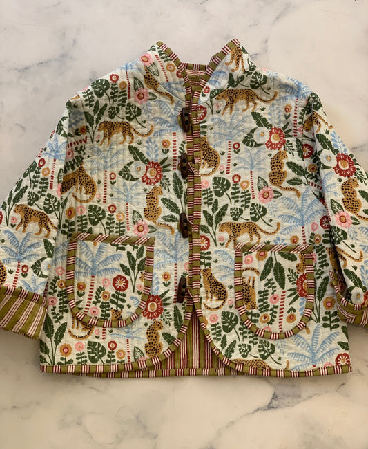 Quilted Jacket Blue Leopard with green striped  reverse  side - Love Sam