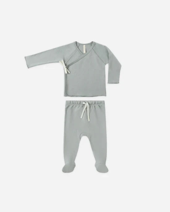 Quincy Mae Wrap Top + Footed Pant Set - Steel Blue