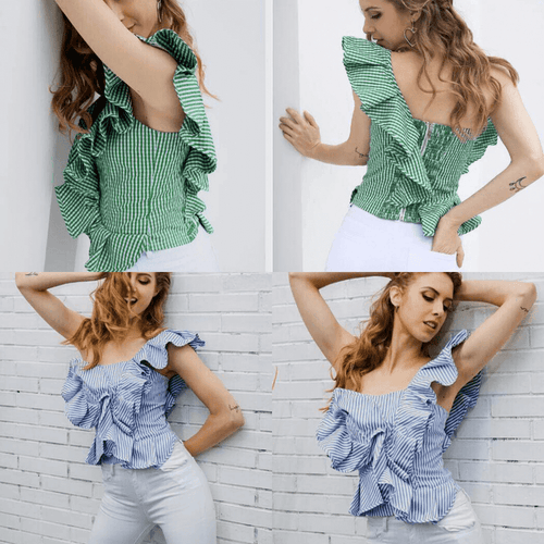 Striped one-shoulder blouse with flounce